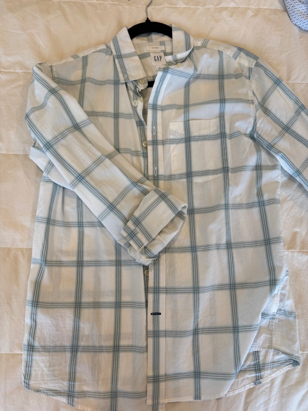 GAP White Shirt with Light Blue Windowpane Plaid
